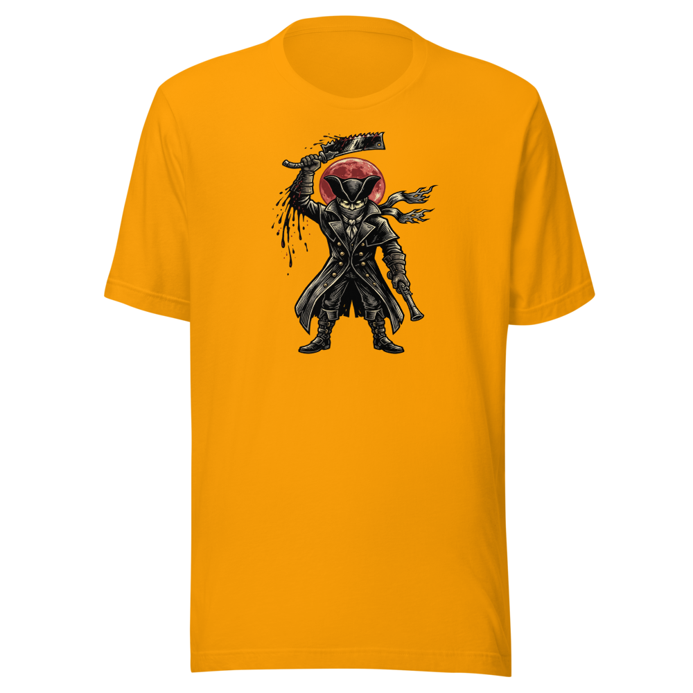 Gothic Hunter Blood Moon Linocut Horror Tee — gold front view