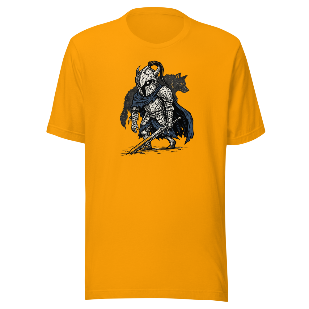 Broken Knight Abysswalker Blackwork Linocut Tee — gold front view