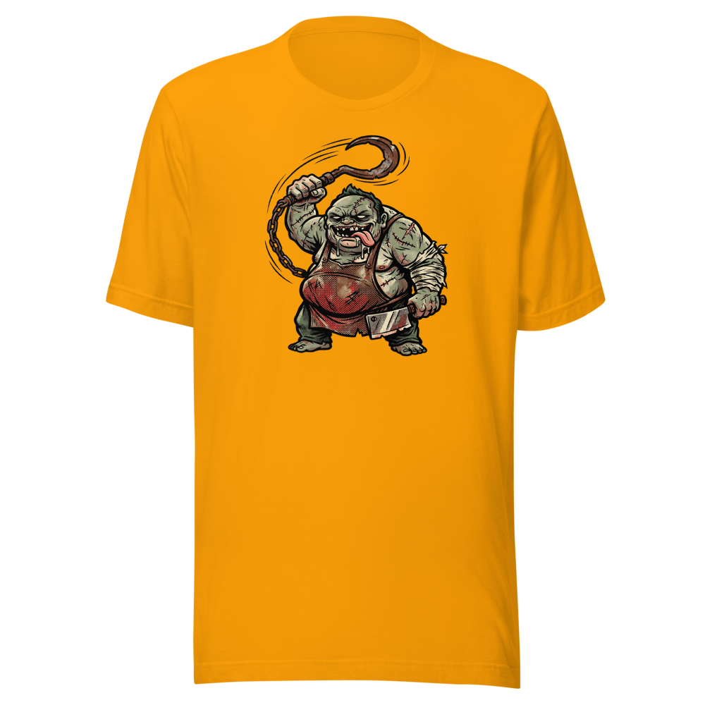 Butcher Hook Pop Art Halftone Gaming Tee — gold front view