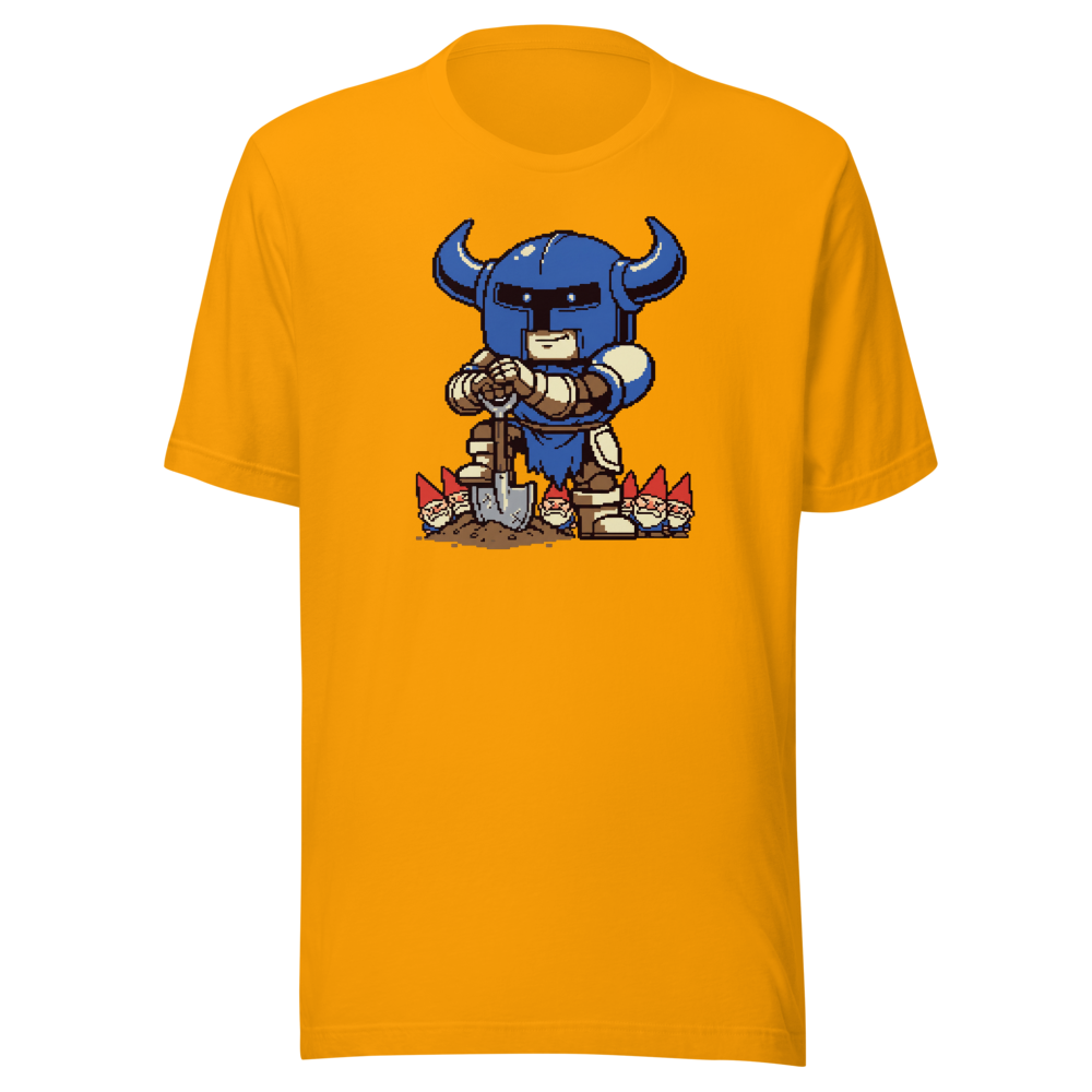 Pixel Knight Gnome Gardener Retro 16-Bit Gaming Tee — gold front view