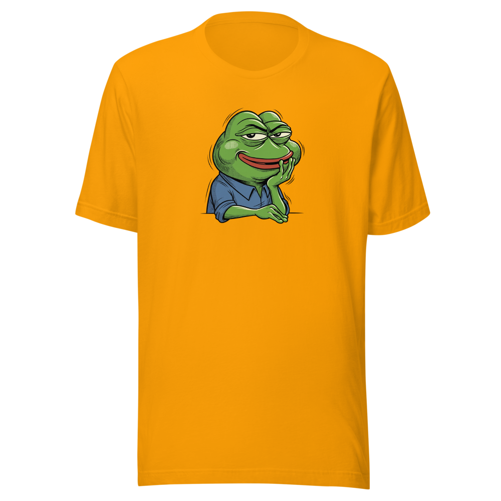 Smug Manga Frog Chin Rest Meme Graphic T-Shirt — gold front view