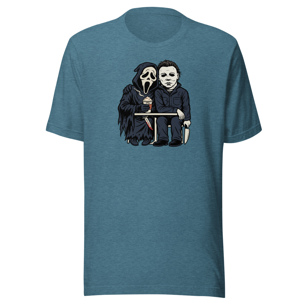 Masked Slashers Pumpkin Spice Latte Horror Tee — Men's Premium Tee — heather deep teal front view