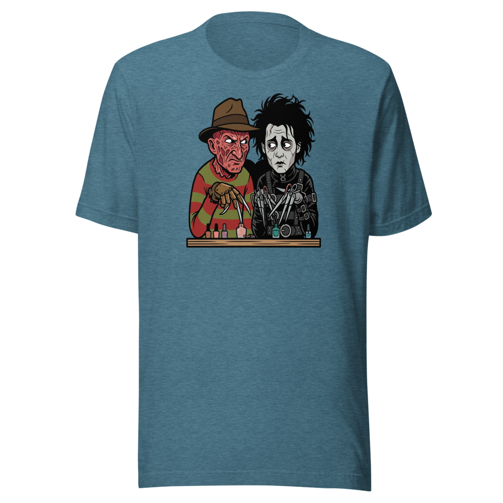 Bladed Villains Nail Salon Side-Eye Horror Tee — Men's Premium Tee — heather deep teal front view