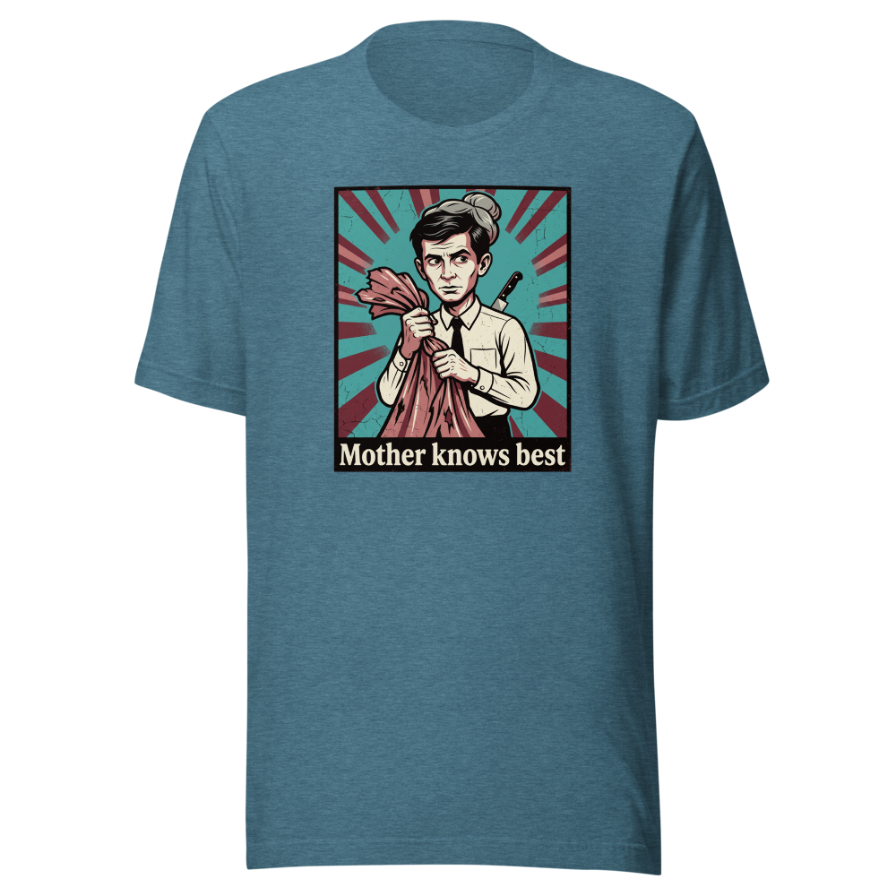 Mother Knows Best Motel Keeper Propaganda Tee — heather deep teal front view
