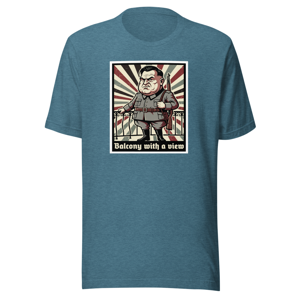 Balcony With A View Propaganda Villain Parody Tee — Men's Premium Tee — heather deep teal front view