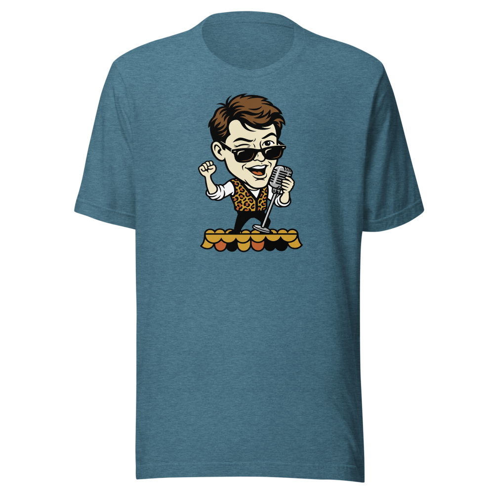 Parade Float Crooner Leopard Vest Retro 80s Tee — heather deep teal front view