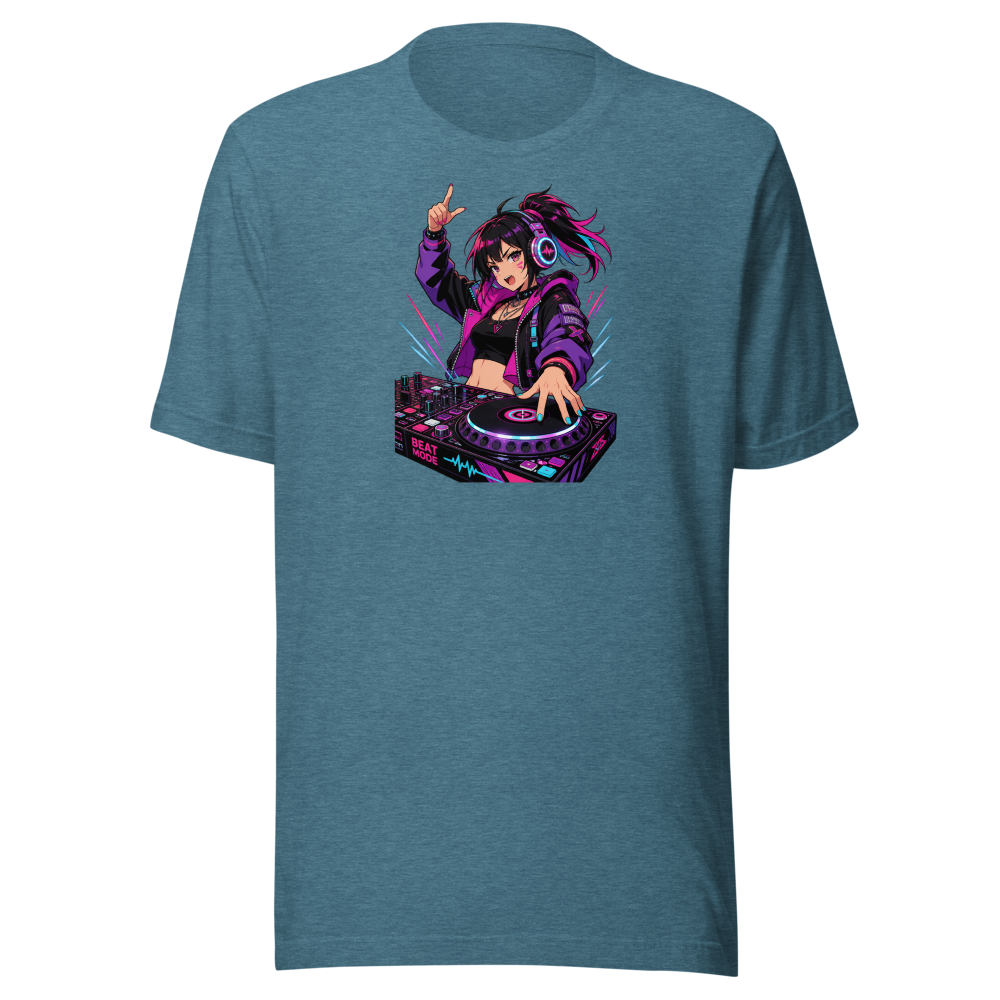 Anime Turntable Girl Synthwave Neon Drop Tee — heather deep teal front view