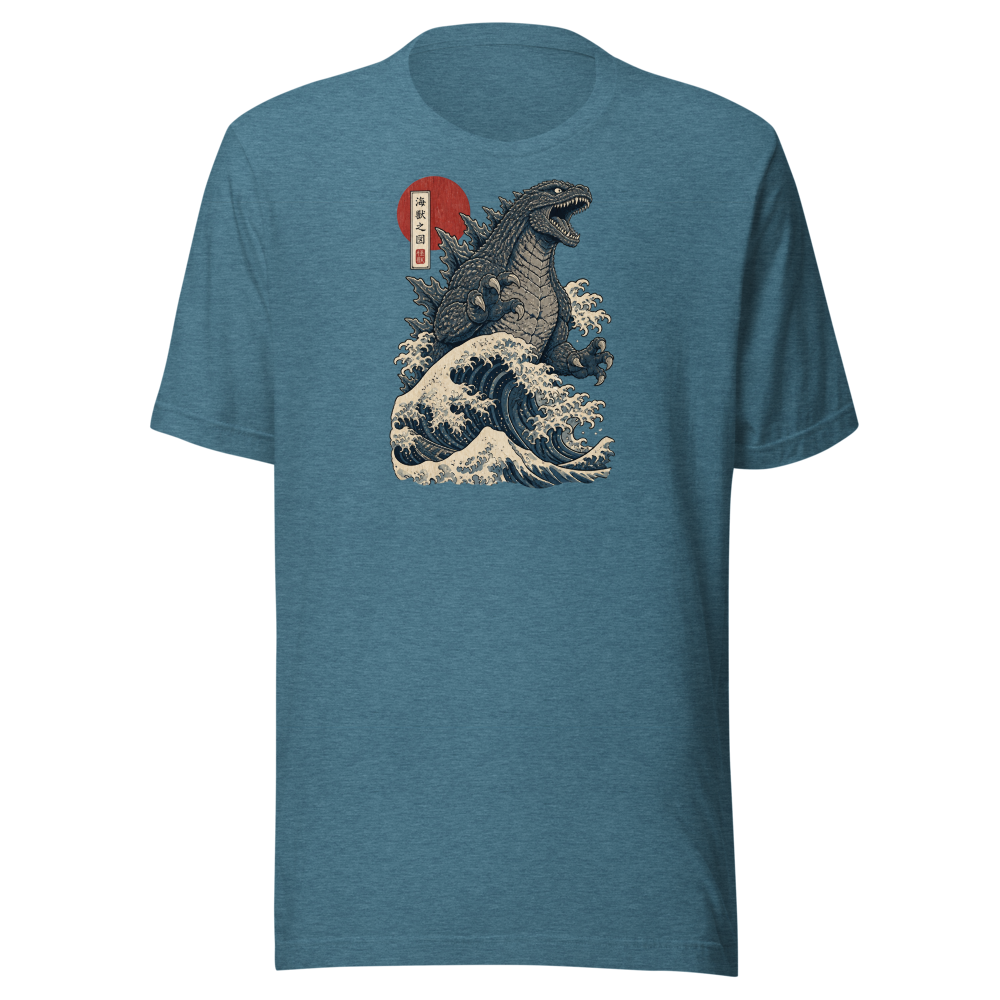 Sea Monster Great Wave Woodblock Print Tee — heather deep teal front view