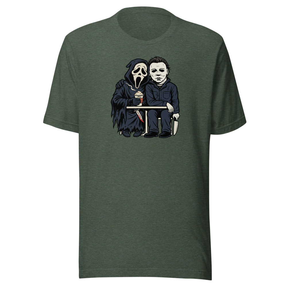 Masked Slashers Pumpkin Spice Latte Horror Tee — Men's Premium Tee — heather forest front view