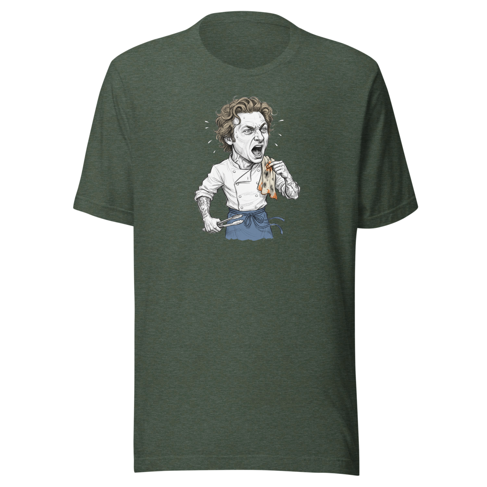 Yes Chef Kitchen Meltdown Pencil Sketch Tee — heather forest front view
