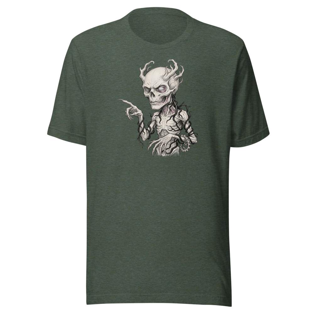 Vine-Wrapped Skull Villain Pencil Sketch Horror Tee — heather forest front view