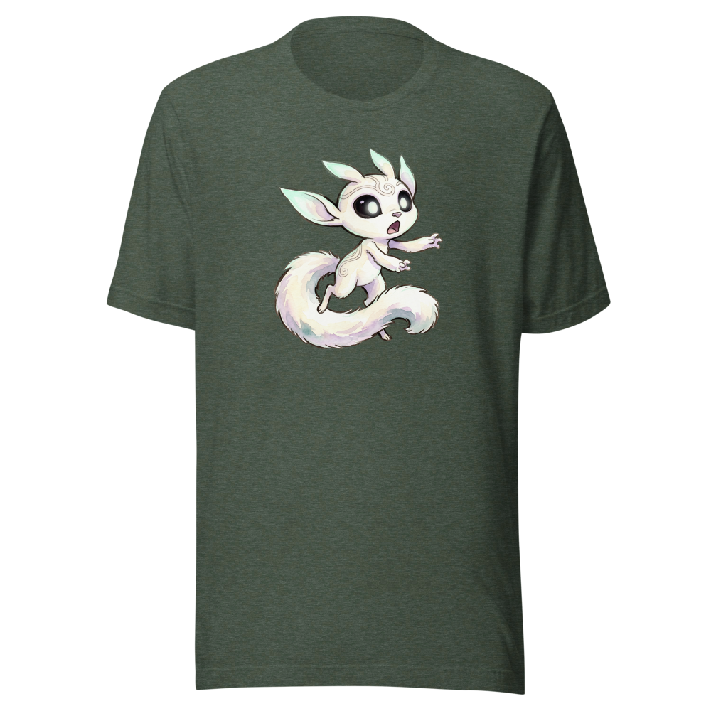 Glowing Forest Sprite Watercolor Caricature Tee — heather forest front view