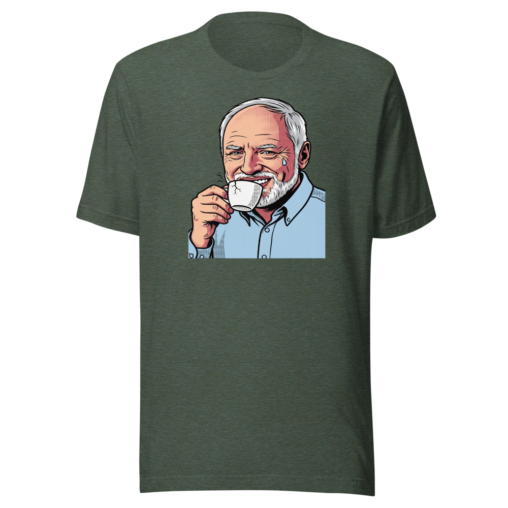 Fake Smile Coffee Guy Halftone Pop Art Meme Tee — heather forest front view