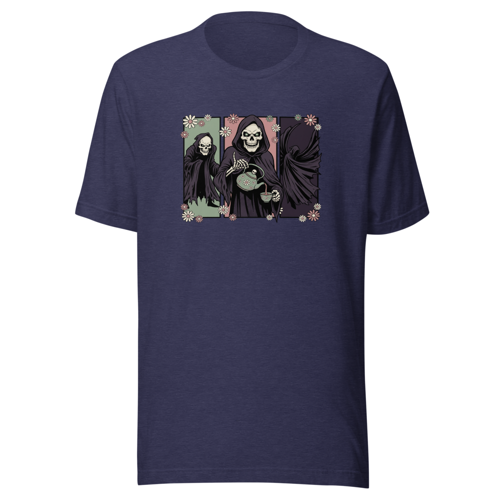 Skull Sorcerer Tea Time Comic Triptych Tee — heather midnight navy front view