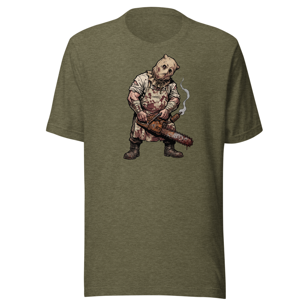 Sack Mask Chainsaw Executioner Horror Tee — heather olive front view