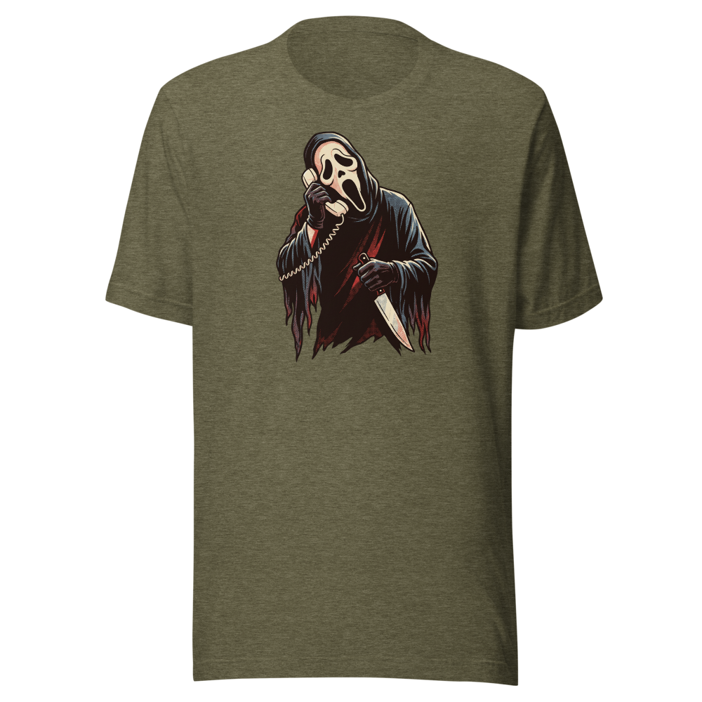Masked Phone Caller On Hold Halftone Horror Tee — heather olive front view