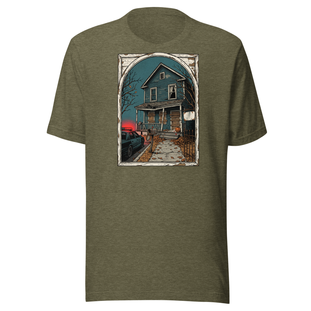 Haunted House Halloween Night Screen Print Horror Tee — Premium Tee — heather olive front view