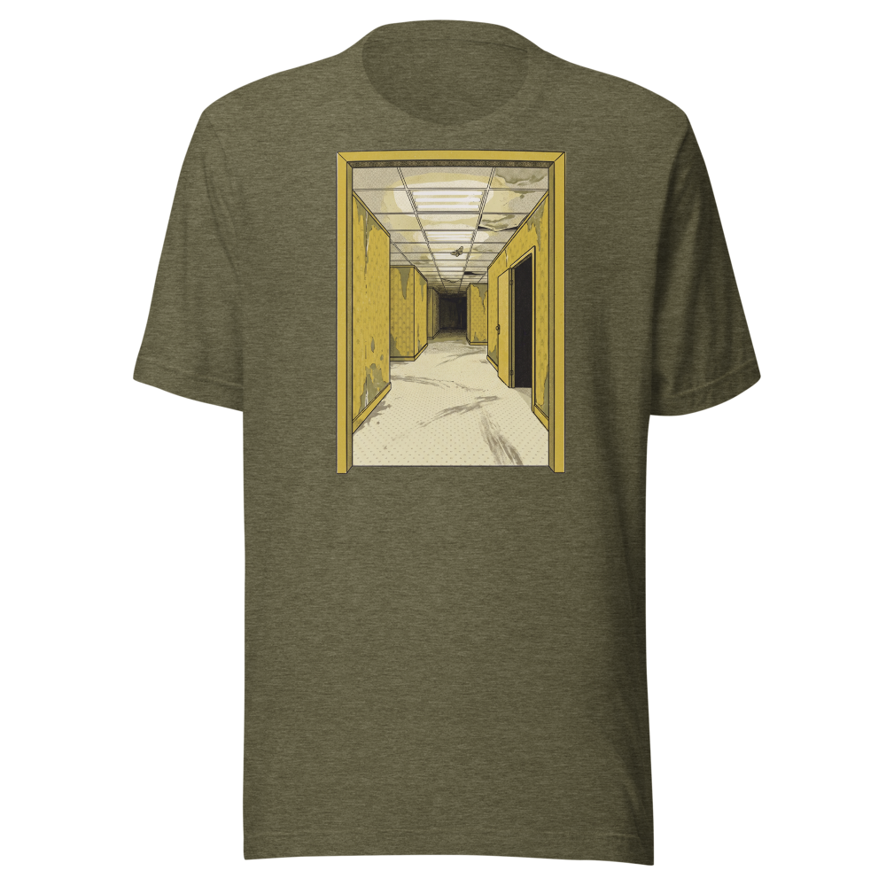Yellow Liminal Hallway Endless Corridor Riso Tee — Premium Tee — heather olive front view