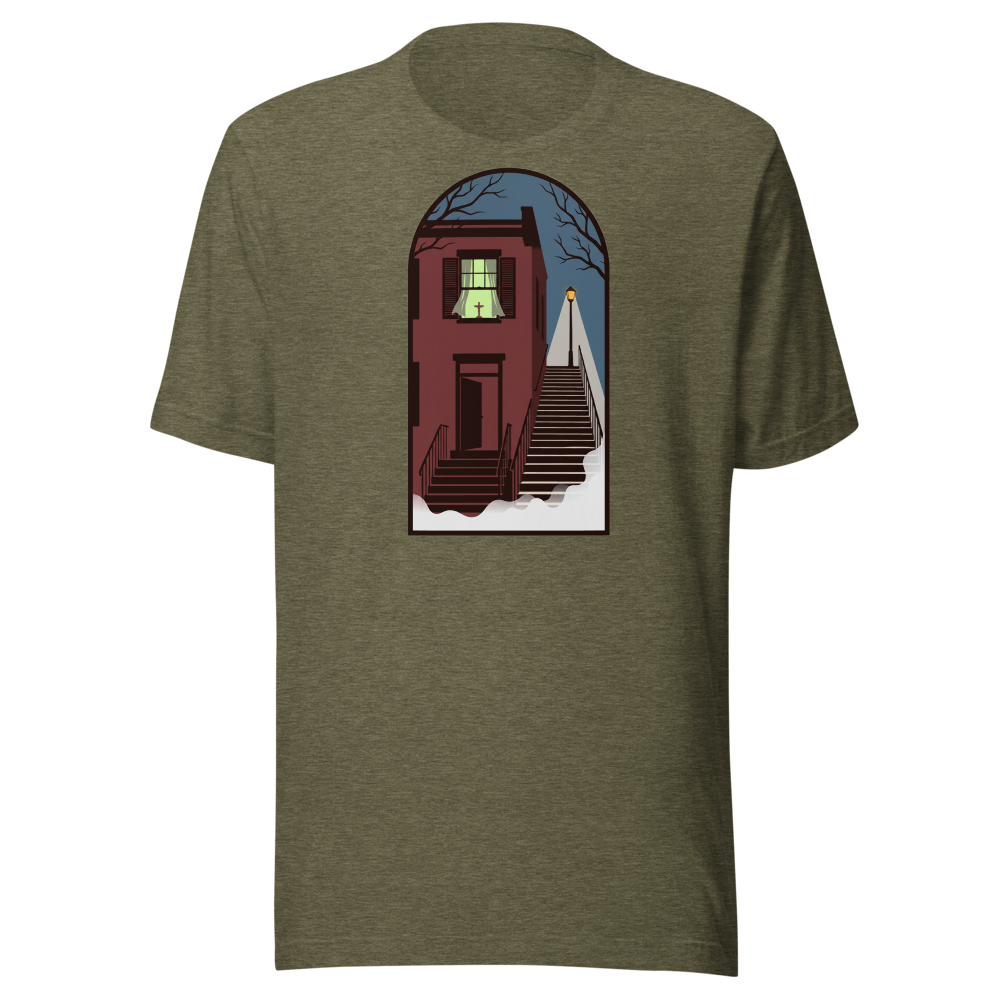 Haunted Row House Stone Stairs Horror Night Tee — Premium Tee — heather olive front view