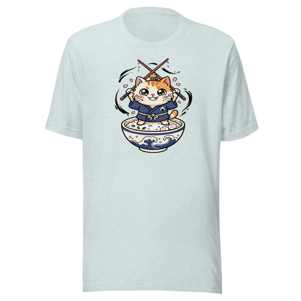 Chibi Ronin Chef Cat Chopstick Katana Anime Tee — heather prism ice blue front view