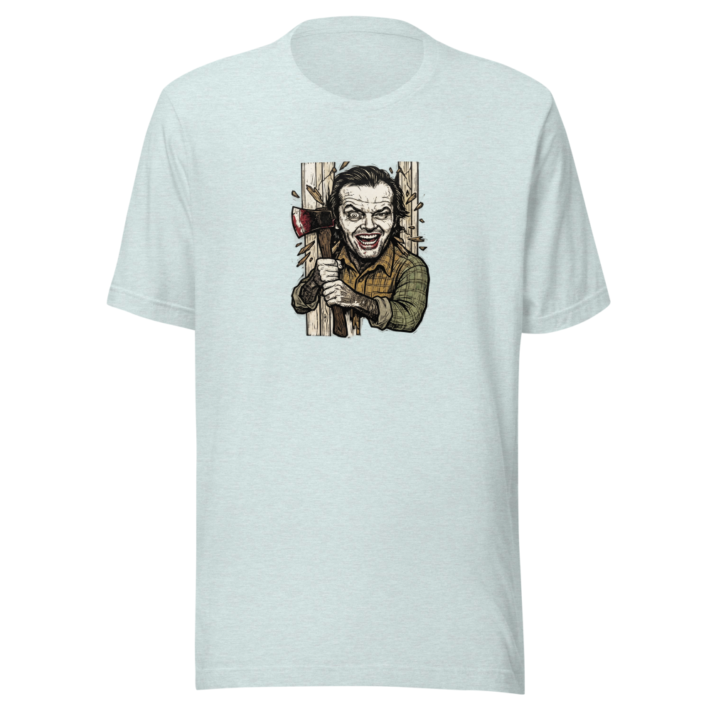 Axe Maniac Door Breach Blackwork Horror Tee — heather prism ice blue front view
