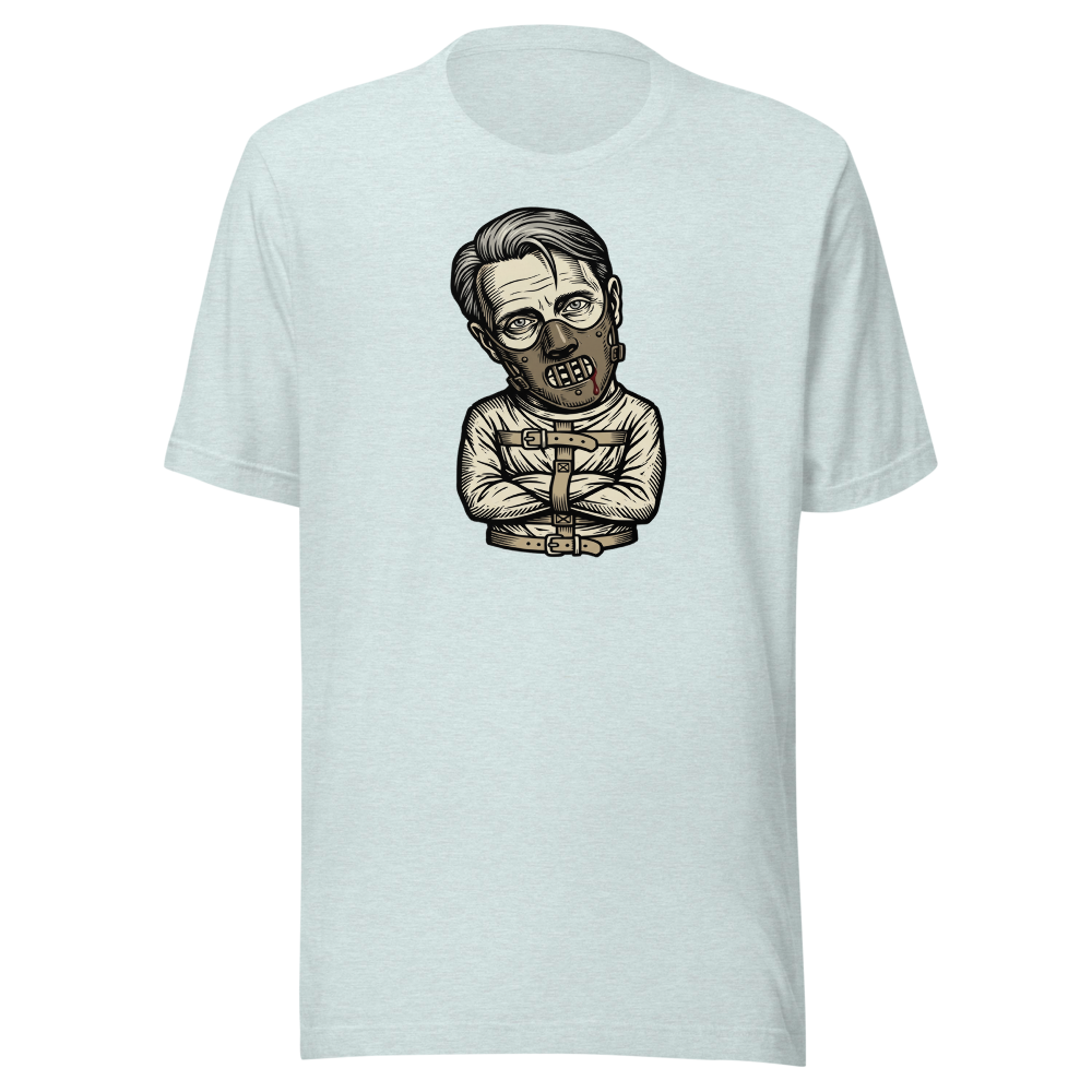 Polite Cannibal Muzzle Mask Linocut Horror Tee — Men's Premium Tee — heather prism ice blue front view