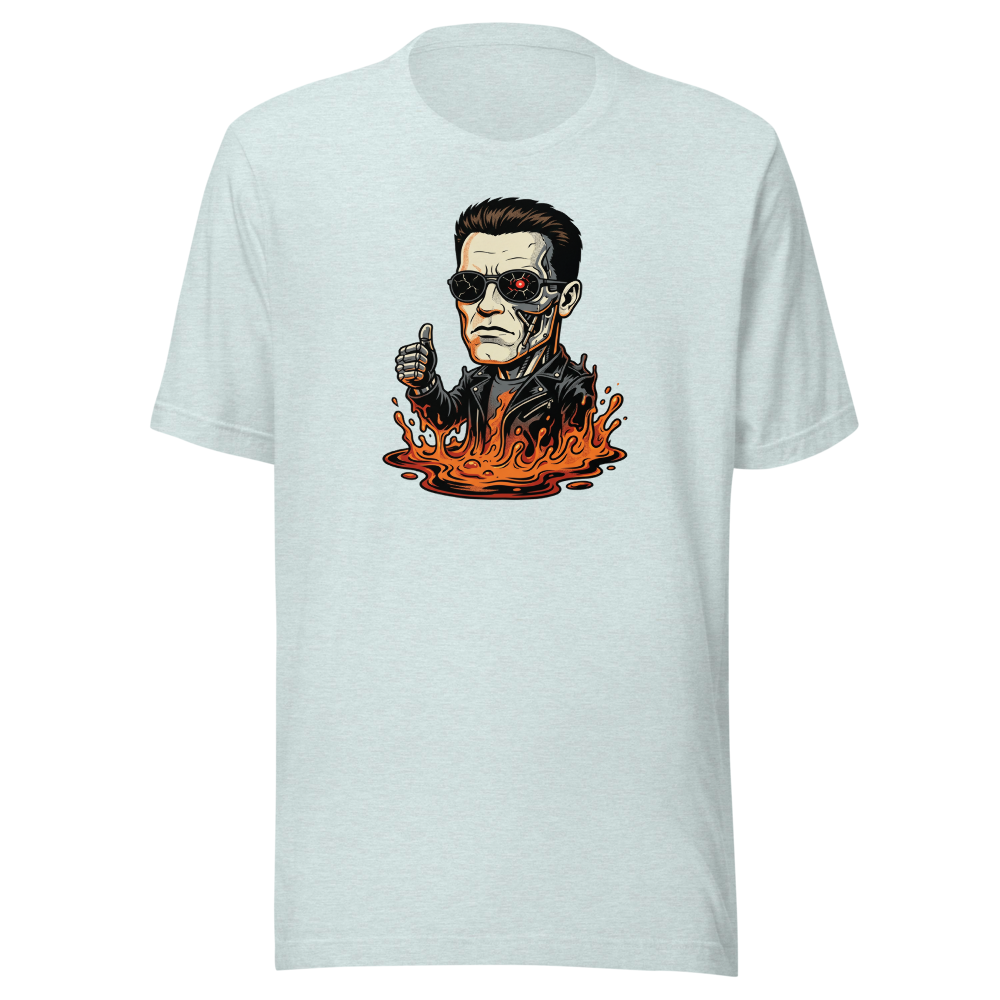 Molten Steel Thumbs Up Cyborg Comic Ink Tee — Men's Premium Tee — heather prism ice blue front view