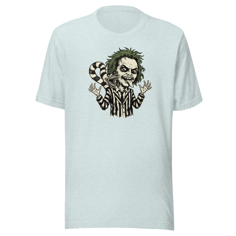 Bio-Exorcist Ghoul Pinstripe Punk Horror Comedy Tee — heather prism ice blue front view