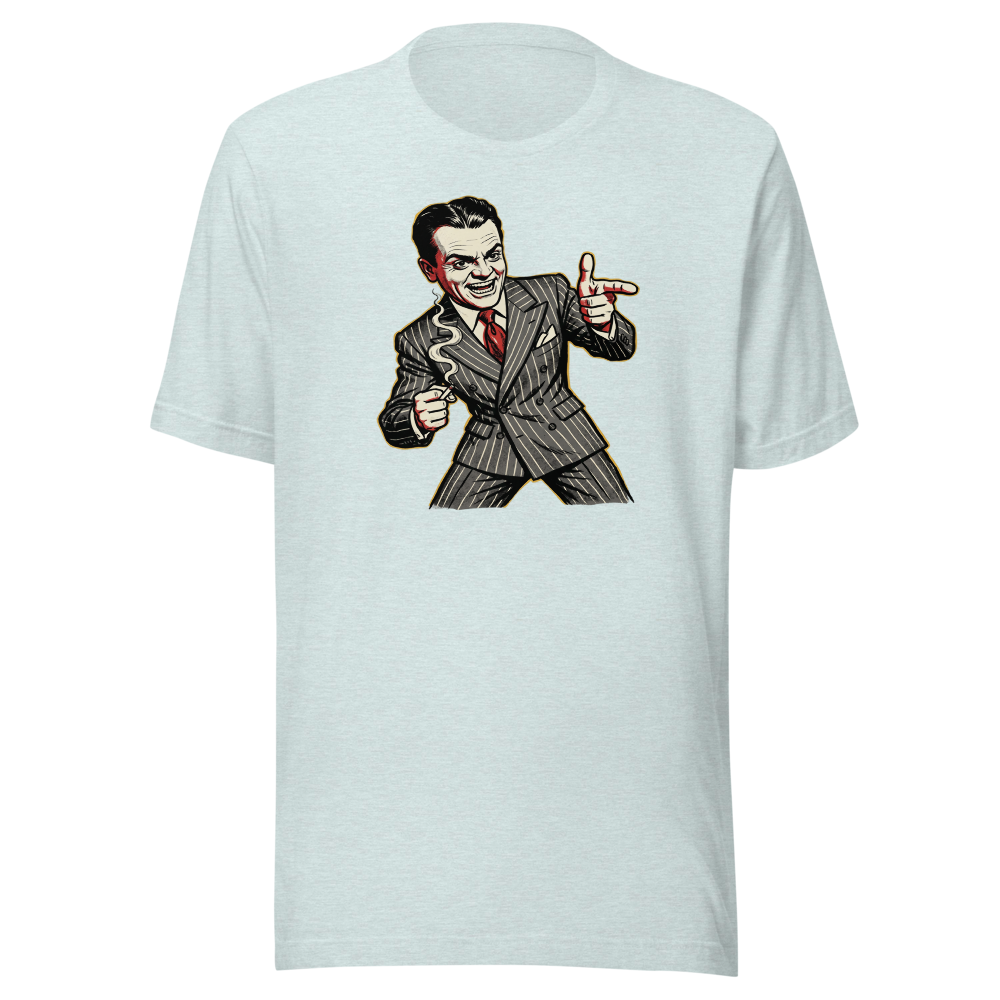 Pinstripe Gangster Finger-Gun Punk Caricature Tee — heather prism ice blue front view