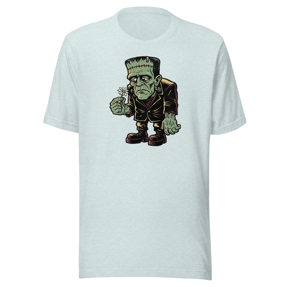 Confused Stitched Monster Holding Daisy Woodcut Tee — heather prism ice blue front view