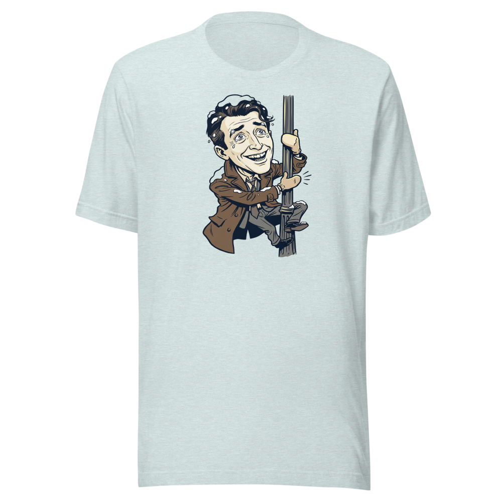 Snowy Lamppost Hug Christmas Movie Caricature T-Shirt — heather prism ice blue front view
