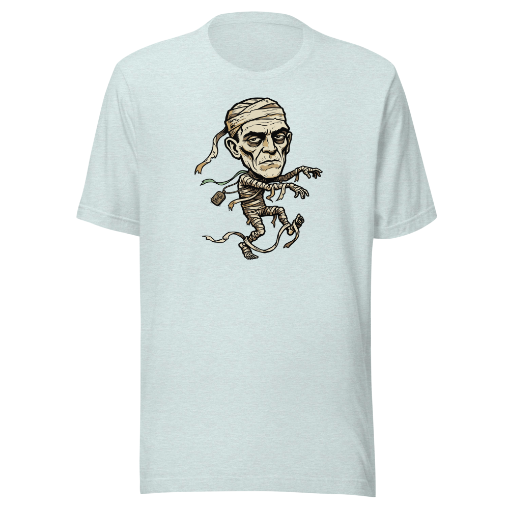 Tripping Mummy Woodcut Vintage Horror Tee — heather prism ice blue front view