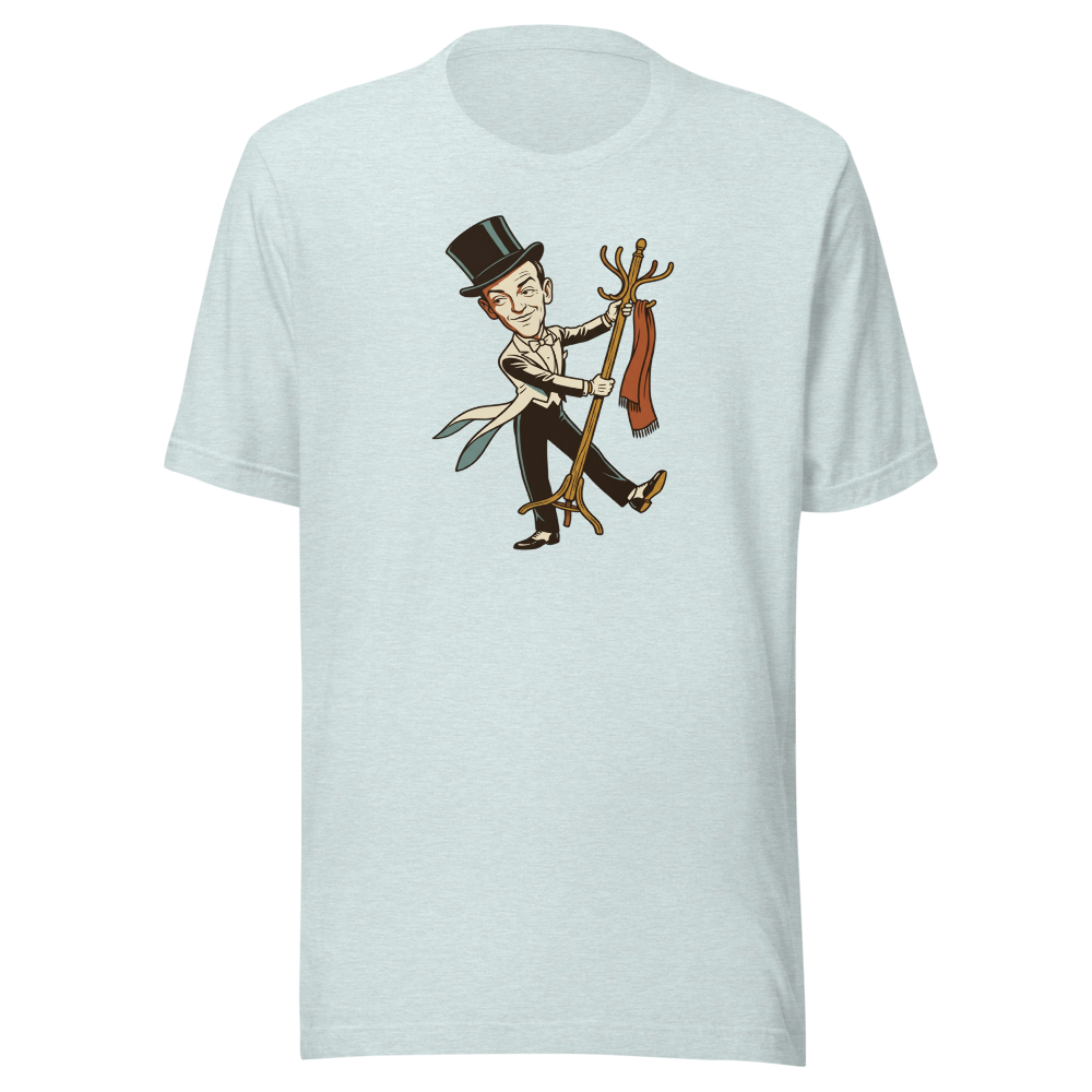 Top Hat and Tails Dancing Coat Rack Vintage Tee — heather prism ice blue front view
