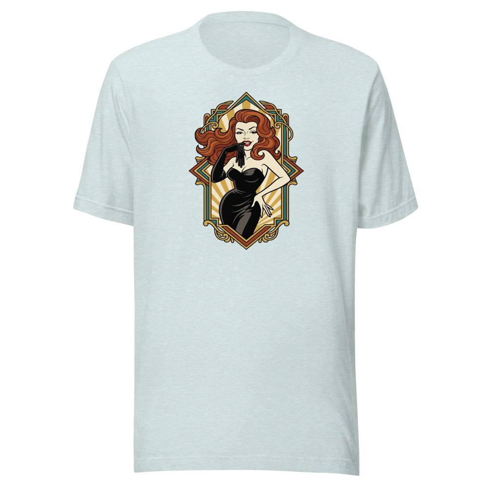 Jazz Age Femme Fatale Glove Peel Deco Tee — heather prism ice blue front view