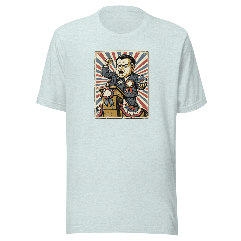 Rosebud Snow Globe Campaign Podium Propaganda Tee — heather prism ice blue front view