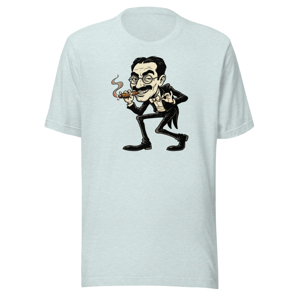 Sneaky Vaudeville Comedian Cigar Caricature Tee — heather prism ice blue front view