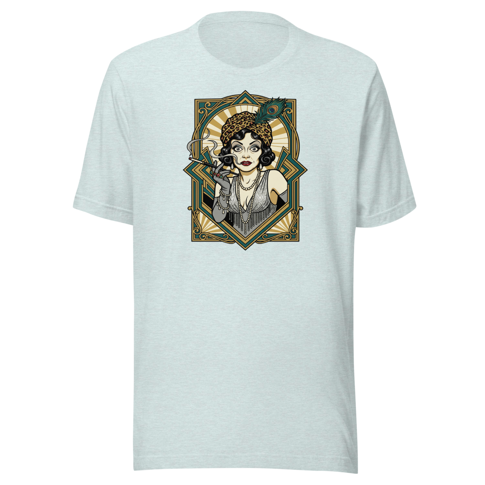 Silent Film Diva Art Deco Jazz Age Glamour Tee — heather prism ice blue front view