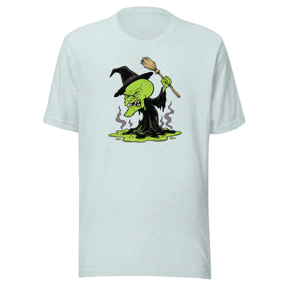 Melting Green Witch Editorial Cartoon Parody Tee — heather prism ice blue front view