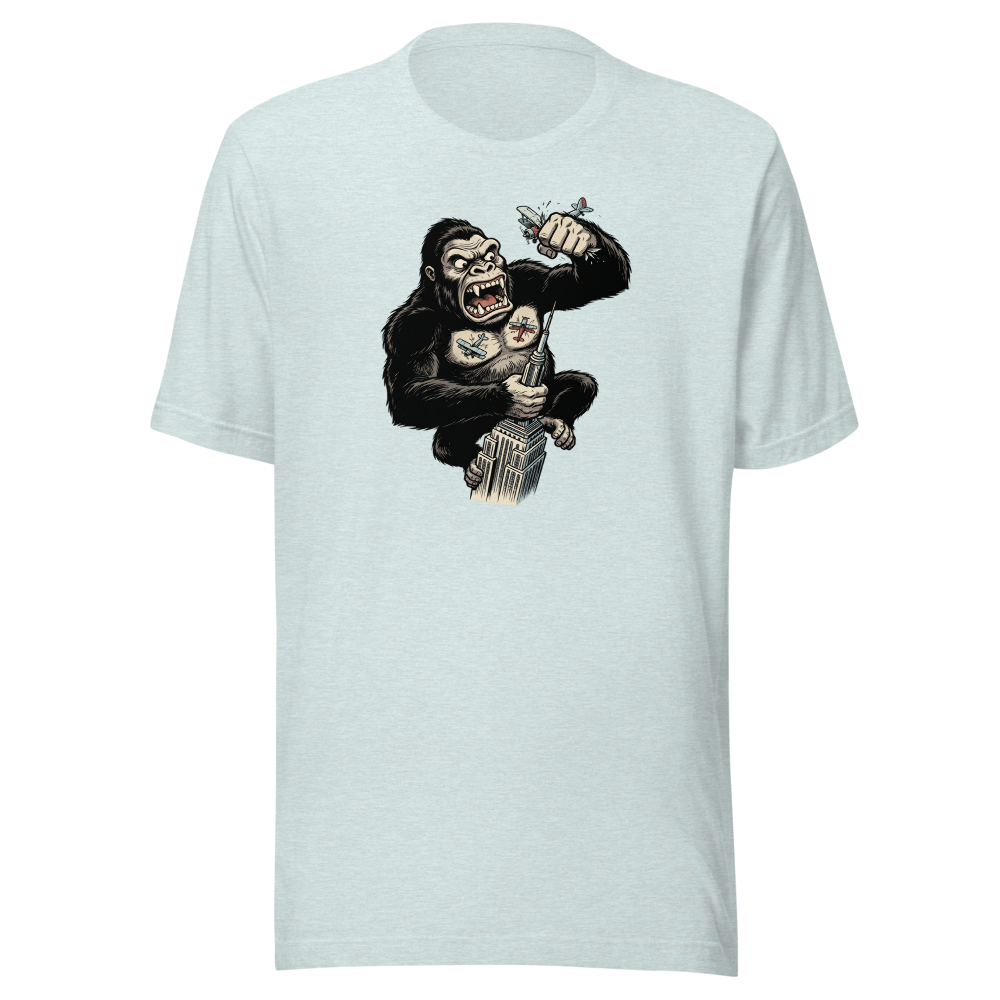 Giant Ape Skyscraper Biplane Smash Comic Tee — heather prism ice blue front view