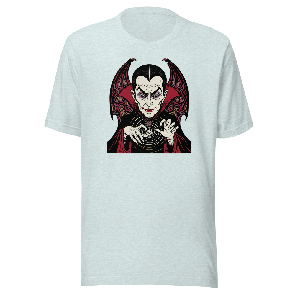 Caped Count Hypnotizes Garlic Psychedelic Horror Tee — heather prism ice blue front view