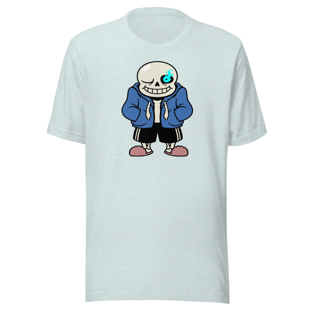 Lazy Skeleton Blue Hoodie Indie RPG Tee — heather prism ice blue front view