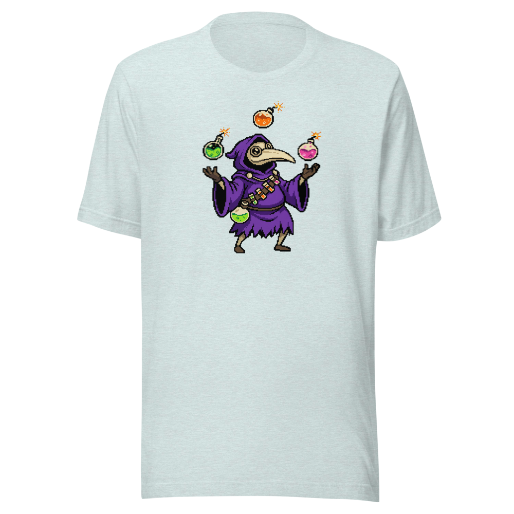 Hooded Pixel Alchemist Potion Juggler Retro Tee — heather prism ice blue front view