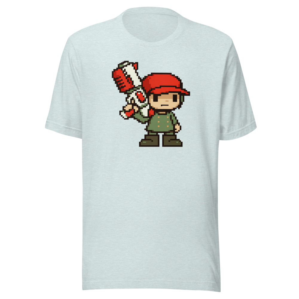 Silent Pixel Hero Oversized Blaster Retro Tee — heather prism ice blue front view