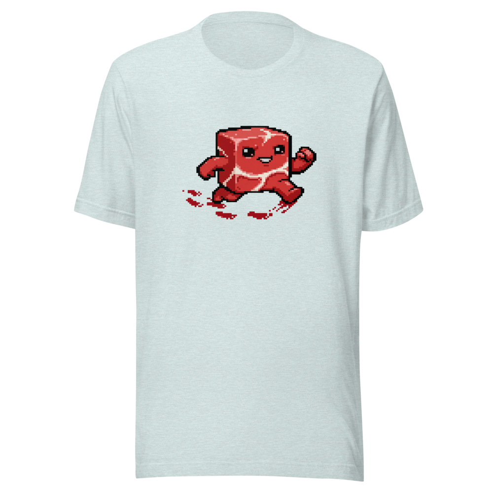Running Meat Cube 16-Bit Pixel Platformer Tee — heather prism ice blue front view