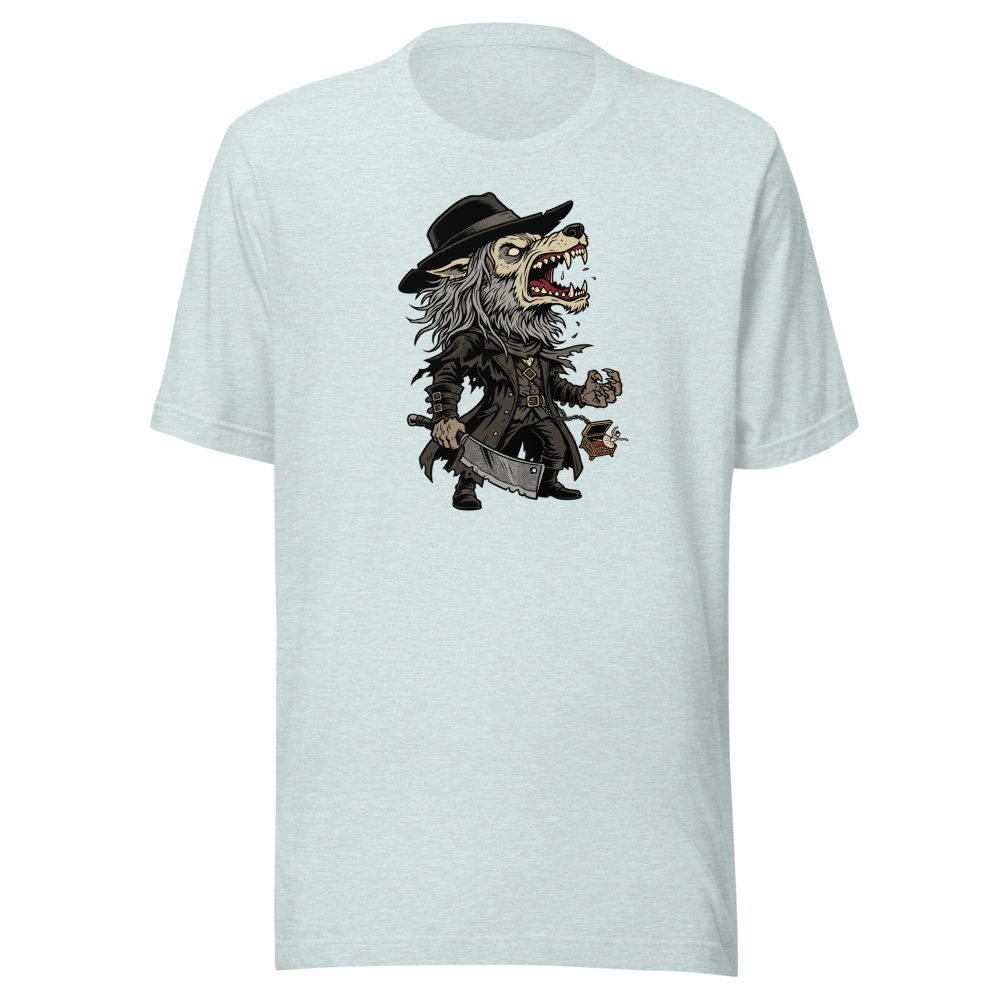Beast Hunter Howling Tricorn Cleaver Comic Ink Tee — heather prism ice blue front view