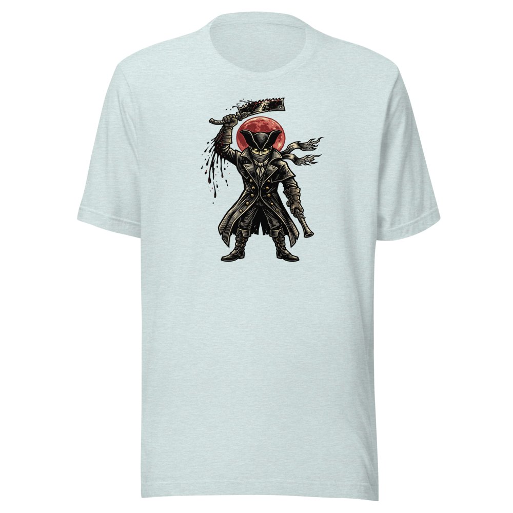 Gothic Hunter Blood Moon Linocut Horror Tee — heather prism ice blue front view