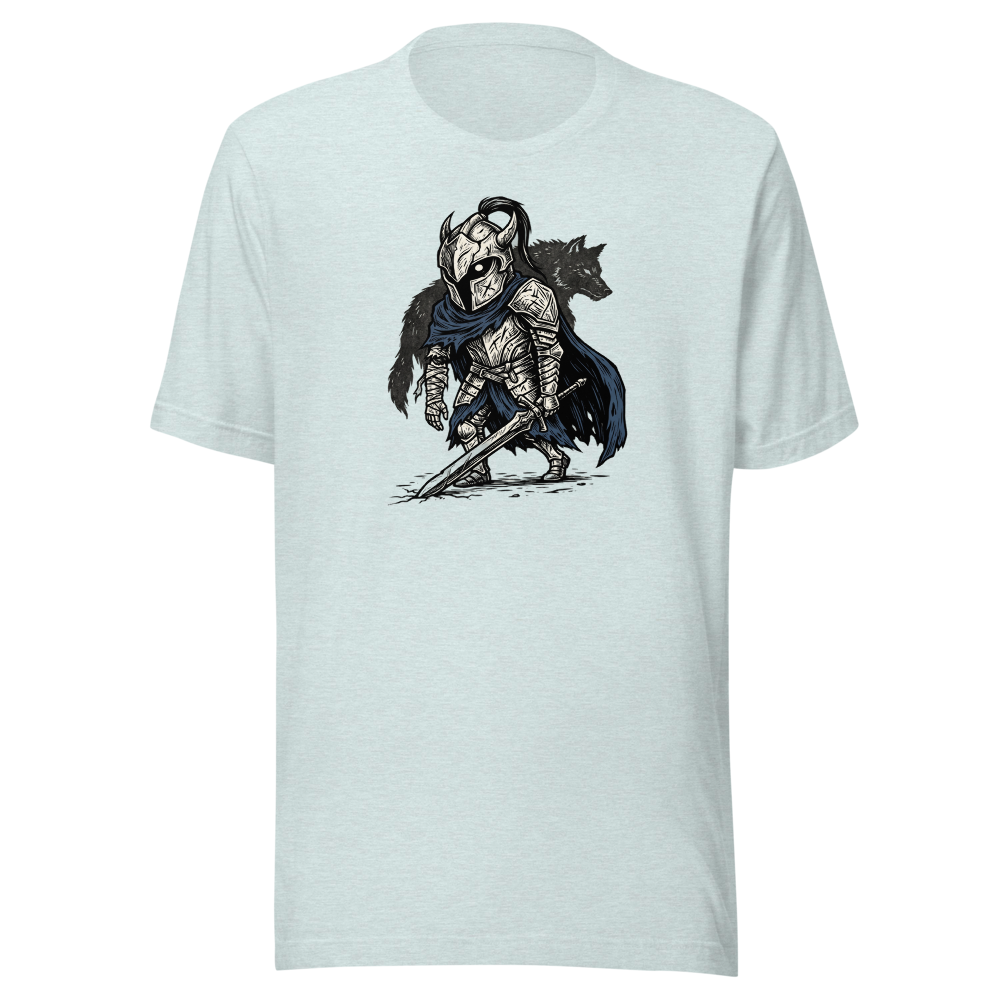 Broken Knight Abysswalker Blackwork Linocut Tee — heather prism ice blue front view
