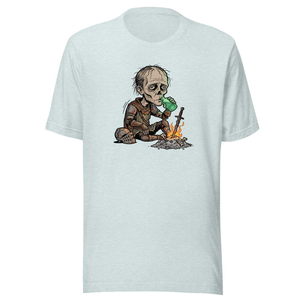 Hollow Knight Bonfire Estus Coffee Soulslike Parody Tee — heather prism ice blue front view