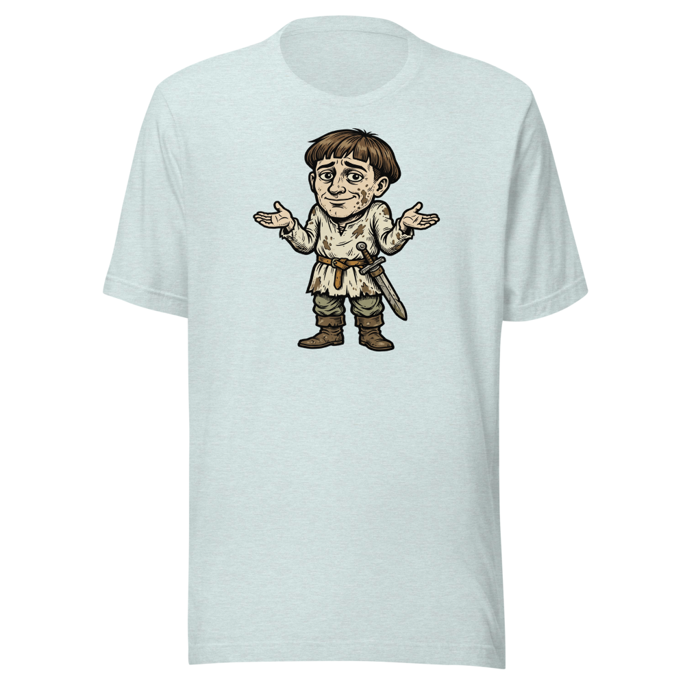 Medieval Peasant Shrug Woodcut Retro RPG Tee — heather prism ice blue front view