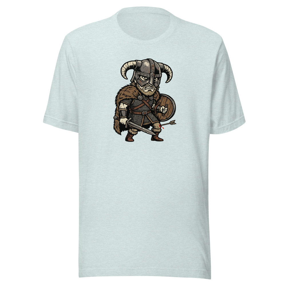 Horned Helmet Hero Arrow To The Knee Woodcut Tee — heather prism ice blue front view